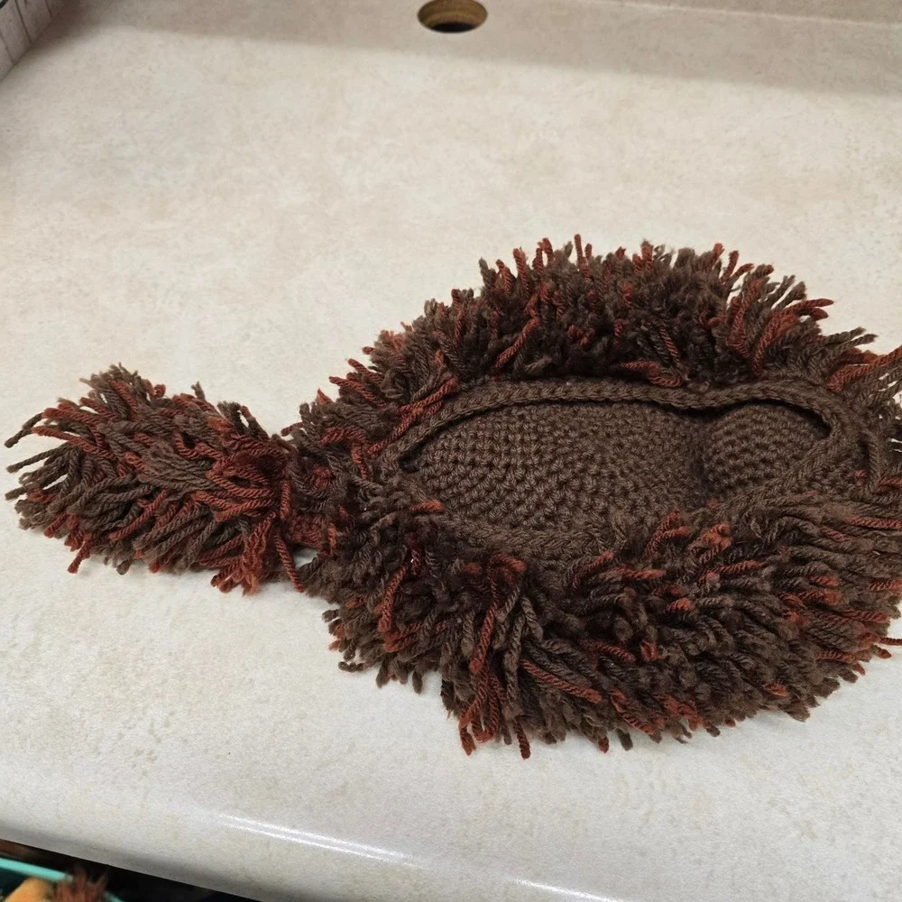 Handmade Crochet Raccoon Shaggy Yarn Hat Brown Rust Animal Costume Kids‎ Cap